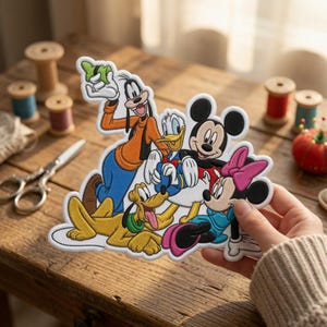Puede incluir: Un parche bordado termoadhesivo que muestra un grupo de cinco personajes de dibujos animados: Goofy con un su&eacute;ter naranja, el Pato Donald con camisa azul, Mickey Mouse, el perro Pluto y Minnie Mouse con un lazo rosa, dispuestos en un grupo colorido.