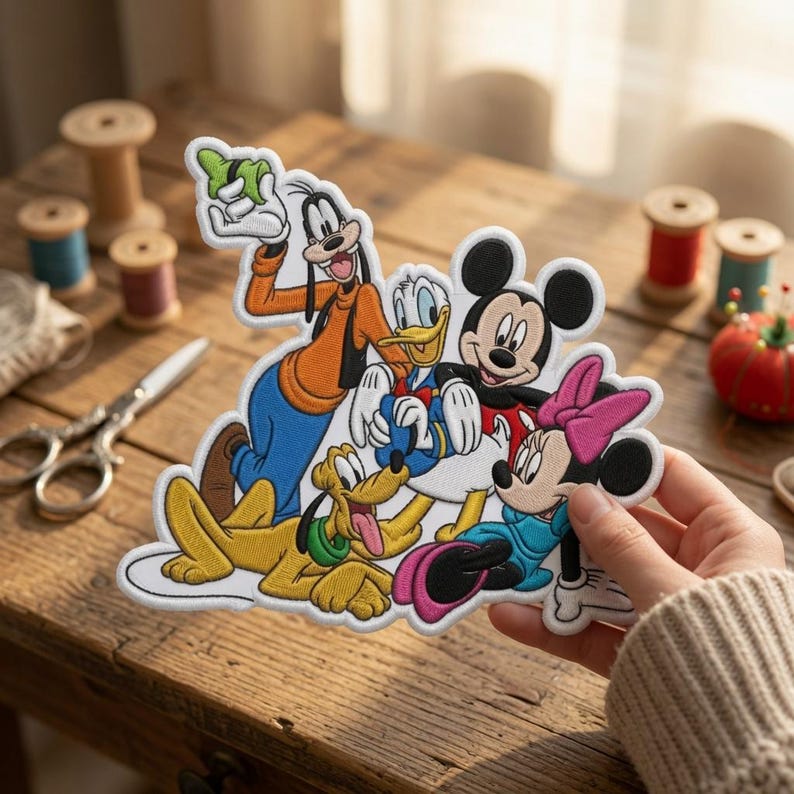 Puede incluir: Un parche bordado termoadhesivo que muestra un grupo de cinco personajes de dibujos animados: Goofy con un su&eacute;ter naranja, el Pato Donald con camisa azul, Mickey Mouse, el perro Pluto y Minnie Mouse con un lazo rosa, dispuestos en un grupo colorido.