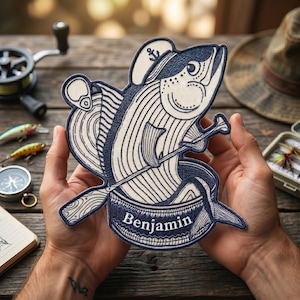 Puede incluir: Un parche bordado en azul marino y crema con un pez que lleva un gorro de marinero y sostiene remos. El parche tiene el nombre "Benjamin" bordado. El parche está sostenido en las manos de una persona.