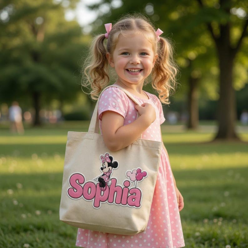 Op de afbeelding: Een beige canvas draagtas met een afbeelding van Minnie Mouse, drie roze ballonnen en de naam Sophia in grote roze letters met een witte omlijning. De tas heeft twee schouderbanden en is gemaakt van een stevige, lichtgekleurde stof.