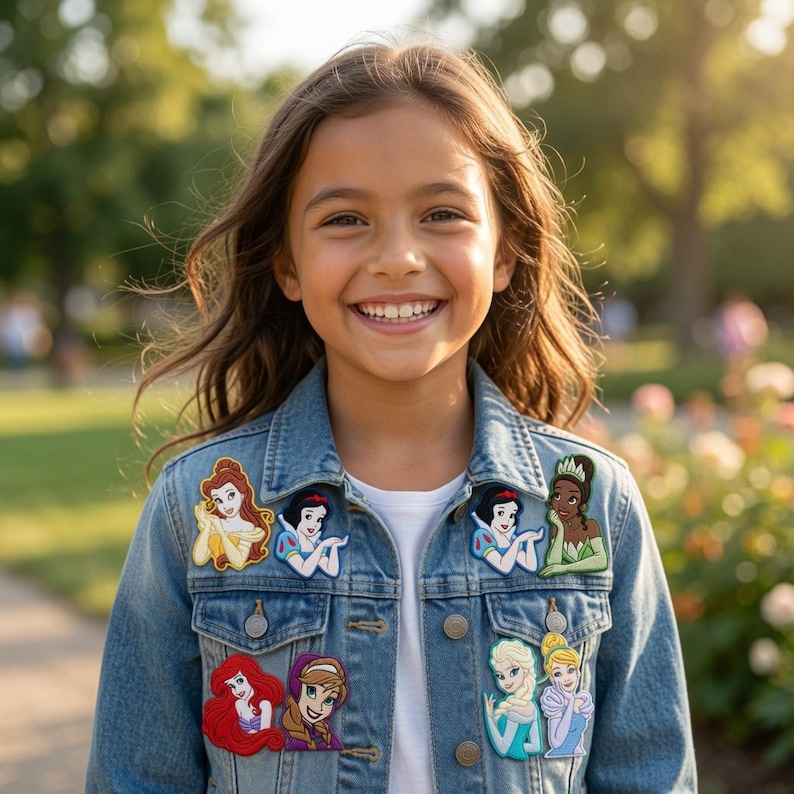 May include: A blue denim jacket featuring eight embroidered patches of various animated characters, including princesses with distinct hair colors and outfits, arranged on the front panels above and below the chest pockets.