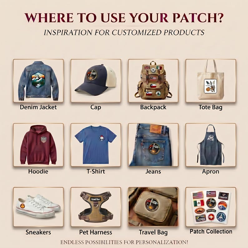 May include: A grid of twelve images showing various items including a denim jacket, cap, backpack, tote bag, hoodie, t-shirt, jeans, apron, sneakers, pet harness, travel bag, and a patch collection, with the text WHERE TO USE YOUR PATCH?