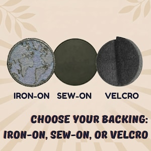 May include: Three circular patches displayed horizontally. The first shows a blue and grey embroidered world map. The second is a solid dark green circle. The third is a dark grey textured hook-and-loop fastener. Text reads: IRON-ON, SEW-ON, VELCRO, CHOOSE YOUR BACKING: IRON-ON, SEW-ON, OR VELCRO.