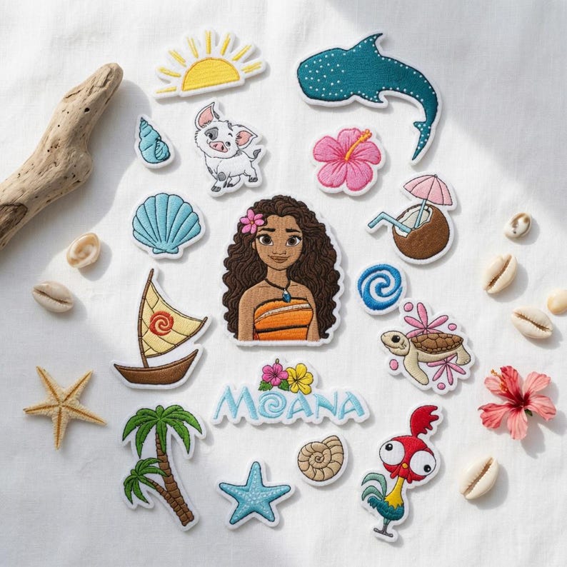 May include: A collection of embroidered patches featuring a central character with long brown hair, a sailboat, a rooster, a pig, a sea turtle, a whale shark, a palm tree, a sun, seashells, a starfish, a coconut drink, and the text MOANA.