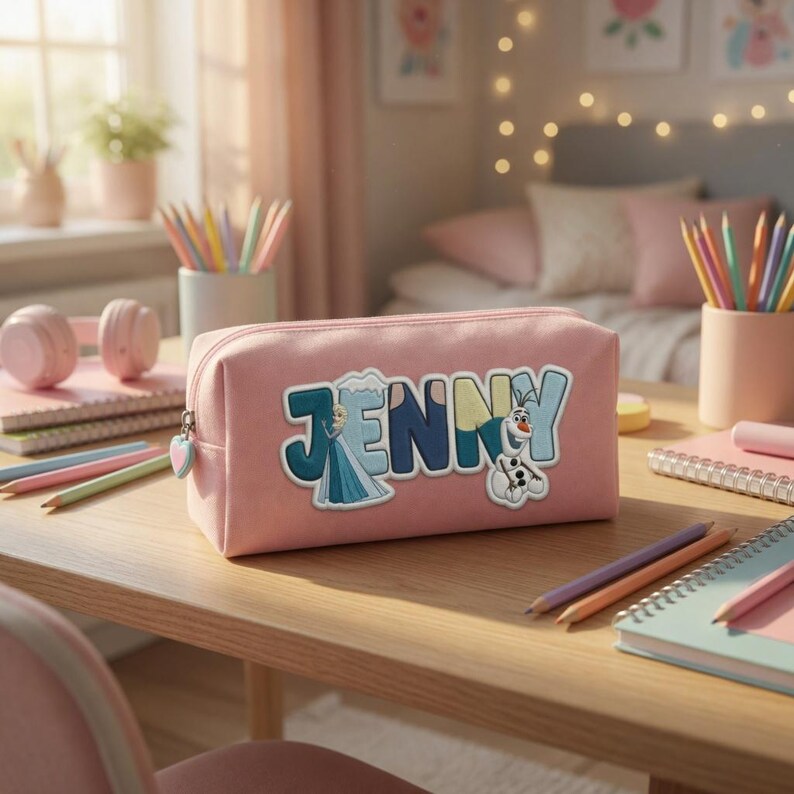 Puede incluir: Un estuche rectangular de color rosa con el nombre JENNY en letras grandes y coloridas. La letra J incluye la ilustraci&oacute;n de un personaje con vestido azul, y la letra Y presenta un peque&ntilde;o mu&ntilde;eco de nieve. Tiene un tirador de cremallera en forma de coraz&oacute;n.