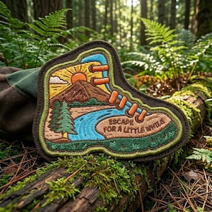 May include: Embroidered patch in the shape of a hiking boot, featuring a landscape scene with a mountain, river, and trees. The patch has a brown border and the text "Escape for a little while". The design includes orange, blue, green, and yellow colors.