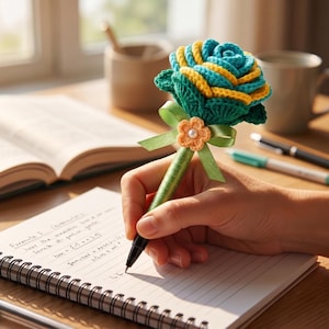 May include: A ballpoint pen topped with a crocheted rose in teal and yellow yarn. The pen barrel is wrapped in green ribbon, accented with a small light orange crocheted flower featuring a central white bead, and a green satin ribbon bow.