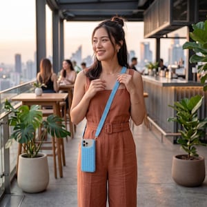 May include: A light blue smartphone case with a textured, woven-like pattern, attached to a matching long, adjustable crossbody strap. The case features a rectangular shape with rounded corners and a cutout for the camera lens array on the back.