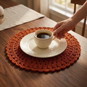 Può includere: Una tovaglietta rotonda all'uncinetto color arancio bruciato con bordo smerlato, con un piattino in ceramica bianca e una tazza in ceramica bianca abbinata riempita di caffè nero, su una superficie in legno scuro.