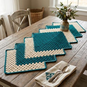 May include: A rectangular crochet table runner featuring a geometric pattern of interlocking squares in deep teal and cream yarn. The runner is constructed from multiple connected granny square motifs, creating a stepped, zigzag edge design.