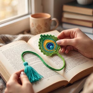 May include: A handmade crochet bookmark in the shape of a peacock feather, featuring green, yellow, and blue colors. The bookmark is held over an open book, with a teal tassel attached. A mug and books are in the background.