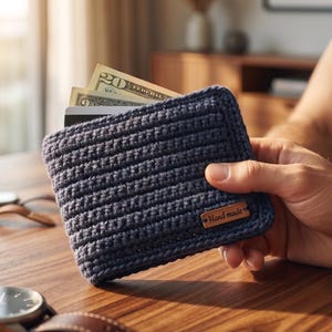 May include: A dark blue, rectangular, crocheted wallet featuring a horizontal ribbed texture and a small, rectangular brown leather-like tag on the bottom right corner with the words Hand made embossed in a dark script font on the surface.