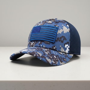 Blue Digital Camo American Flag Hat, Velcro Patch Trucker Cap, Patriotic Snapback Hat, Tactical USA Cap, Removable Flag Patch Hat