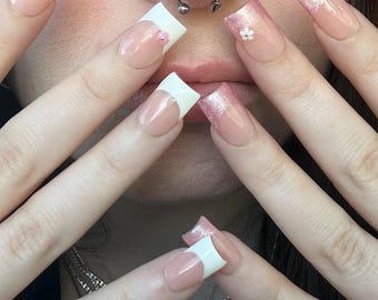 white and cateye baby pink frenchies - press on nails