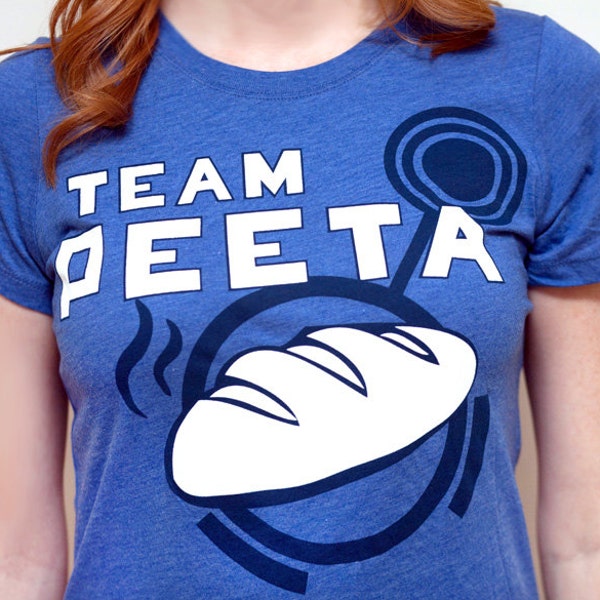 SMALL Women's Hunger Games Team Peeta T-Shirt with Bread Graphic, Blue