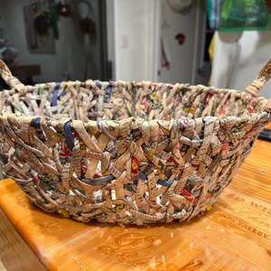 Vintage Woven Basket Made From Newspaper Charming Boho Cottage Core 18 inches long 6 inches deep