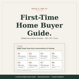 May include: A beige and green guide titled "First-Time Home Buyer Guide." The guide includes eight steps from the first conversation to closing, with sections on getting pre-approved, signing agreements, and making offers. The guide is an editable Canva Realtor template.
