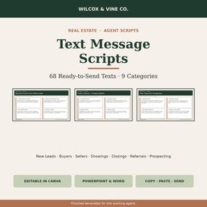 Puede incluir: Un documento digital titulado Wilcox & Vine Co. Real Estate Agent Scripts Text Message Scripts con 68 mensajes de texto listos para enviar en 9 categorías. Incluye tres paneles de vista previa, una lista de tipos de clientes y botones para Canva, PowerPoint y Word.