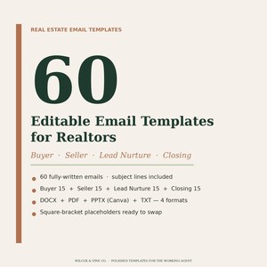 May include: A beige graphic with the text "REAL ESTATE EMAIL TEMPLATES" and a large "60" in dark green. Below, it reads "Editable Email Templates for Realtors." Bullet points list features, including email formats and subject lines.