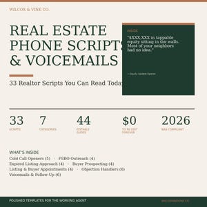 Może przedstawiać: Beżowa grafika z tekstem "REAL ESTATE PHONE SCRIPT & VOICEMAILS" oraz "33 skrypty dla agentów nieruchomości, które możesz przeczytać dzisiaj". Zawiera listę skryptów i wiadomości głosowych. Grafika zawiera również tekst "0 $ do ponownej edycji na zawsze."