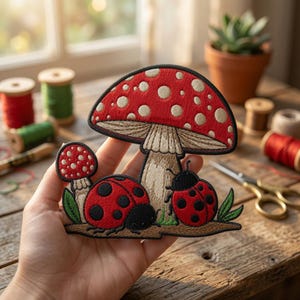 May include: An embroidered patch featuring a large red mushroom with white spots, a smaller red mushroom, and two red ladybugs with black spots. The design includes green leaves at the base and is rendered in red, white, black, and green thread.