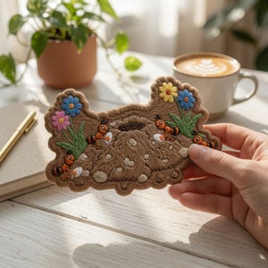 May include: An embroidered patch featuring a brown anthill with several orange ants carrying white eggs. The scene includes green grass blades and small blue, pink, and yellow flowers stitched onto the textured brown fabric background.