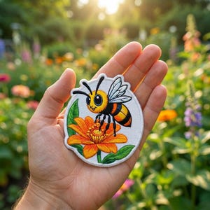 Cute Bumblebee Flower Embroidered Iron On Patch, Save The Bees Cottagecore, DIY Gardening Apron Tote Applique, Nature Gift, Sew Velcro