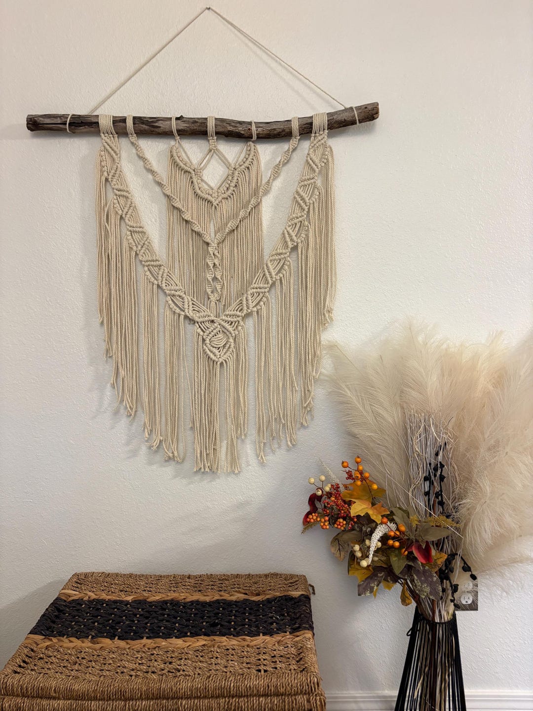 Large Macrame Wall Hanging With Wooden Dowel and Beads, Boho Home Decor ...