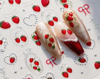 Strawberry Cherry Nail Stickers 5D Fruit Nail Decals Cute Bow Nail Art Self Adhesive Manicure Stickers