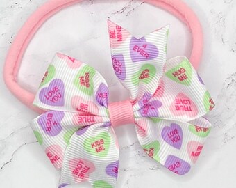 Valentine’s Day Baby Bow Headband, Pastel Candy Hearts Hair Bow, Baby Nylon Headband, Newborn-Infant Bow, Girls Bow, Small 3” Bows For Girls