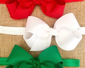 Baby Bow Headbands, Baby Headband Set, Newborn Baby Headbands, Girls Hair Bow, Solid Hair Bow, Infant Bow, Big Toddler Bow, Red-White-Green