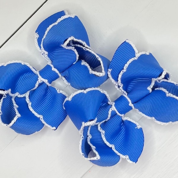 Royal Blue Moonstitch Hair Bow, Hair Bows, July 4th Bows for Girls, Girls Bow, Small 3 inch Baby Bow, Toddler Pigtail Bow, No Slip Hair Clip