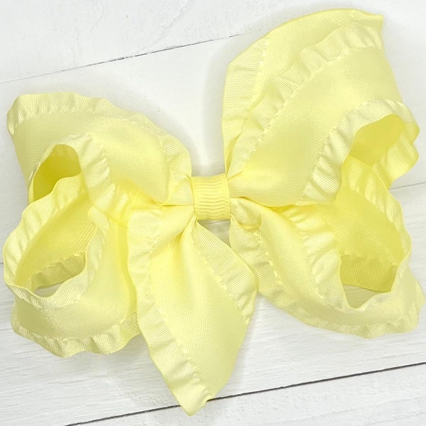 Light Yellow Ruffle Satin Hair Bow, Bows for Girls, Girls Spring Bow, Pastel Baby Bow Headband, Toddler Bow, No Slip Hair Clip, Girl Gift