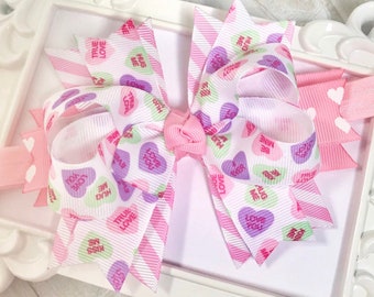 Valentine's Day Pastel Candy Hearts Bow, Hair Bows, Baby Headbands, Bows for Girls, Newborn Baby Bow, Toddler Bow, Girls No Slip Hair Clip