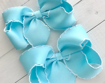 Light Blue Moonstitch Hair Bow, Hair Bows, Bows for Girls, Girls Spring Hair Bow, Pastel Baby Bow Headband, Toddler Bow, No Slip Hair Clip