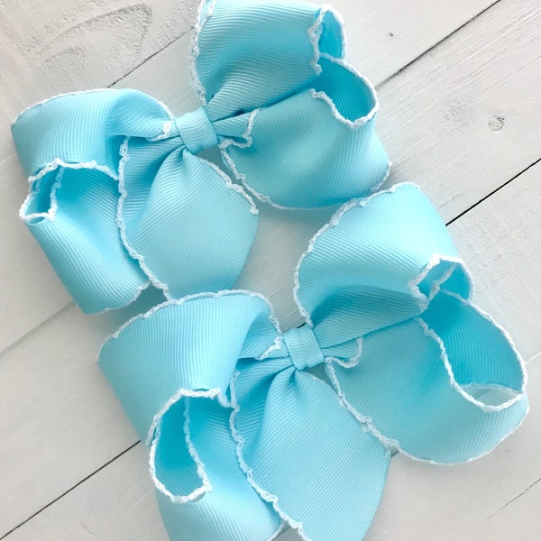 Light Blue Moonstitch Hair Bow, Hair Bows, Bows for Girls, Girls Spring Hair Bow, Pastel Baby Bow Headband, Toddler Bow, No Slip Hair Clip