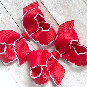Small Red Moonstitch Hair Bow, Hair Bows,  Back to School Bow, Uniform Bow, Girls Pigtail Bow Hair Clip, Baby Nylon Headband, Bows for Girls