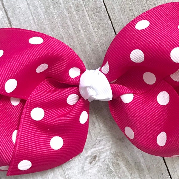 Bright Pink Polka Dot Hair Bow, Hair Bows, Big Bows for Girls, Girls School Bow, Toddler Birthday Bow, Baby Bow Headband, No Slip Hair Clip