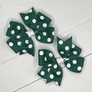 Forest Green Polka Dot Hair Bow, Hair Bows, Back to School Uniform Bows, Dark Green Hair Clips, Girls School Pigtail Bow, Bows for Girls