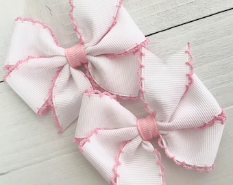 White with Pink Moonstitch Bow, Hair Bows, Bows For Girls, Newborn Baby Bow Headband, Girls Bow, 3” Spring Toddler Bow, No Slip Hair Clip