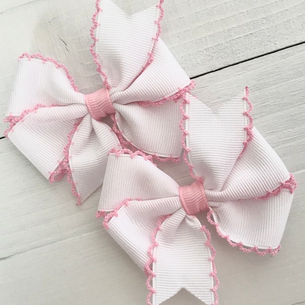 White with Pink Moonstitch Bow, Hair Bows, Bows For Girls, Newborn Baby Bow Headband, Girls Bow, 3” Spring Toddler Bow, No Slip Hair Clip