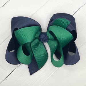 5 inch Navy and Dark Green School Uniform Bow, Hair Bows, Girls Double Stacked Large Back To School Bow, Navy Hair Clip, Bows for Girls, #77