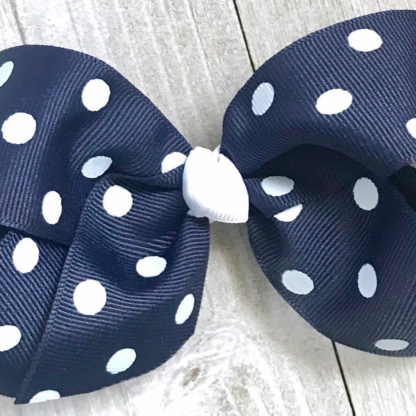 Navy Blue Polka Dot Hair Bow, Hair Bows, Big Bows for Girls, Birthday Girls Bow, Baby Bow, Toddler Cheer-School Bows, No Slip Hair Clip