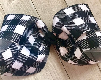 White Buffalo Check Hair Bow, Extra Large Bow, Hair Bows, XL Bows for Girls, Girls School Bow, Big 5”-6” Toddler Bow, No Slip Hair Clip