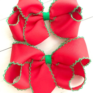 Red Green Moonstitch Hair Bow, Holiday Hair Bows, Girls Christmas Hair Bow, Big Bows for Girls, Baby Bow, Toddler Bow, No Slip Hair Clip