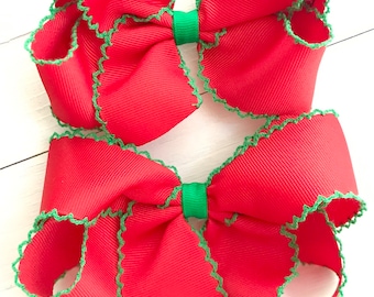 Red Green Moonstitch Hair Bow, Holiday Hair Bows, Girls Christmas Hair Bow, Big Bows for Girls, Baby Bow, Toddler Bow, No Slip Hair Clip