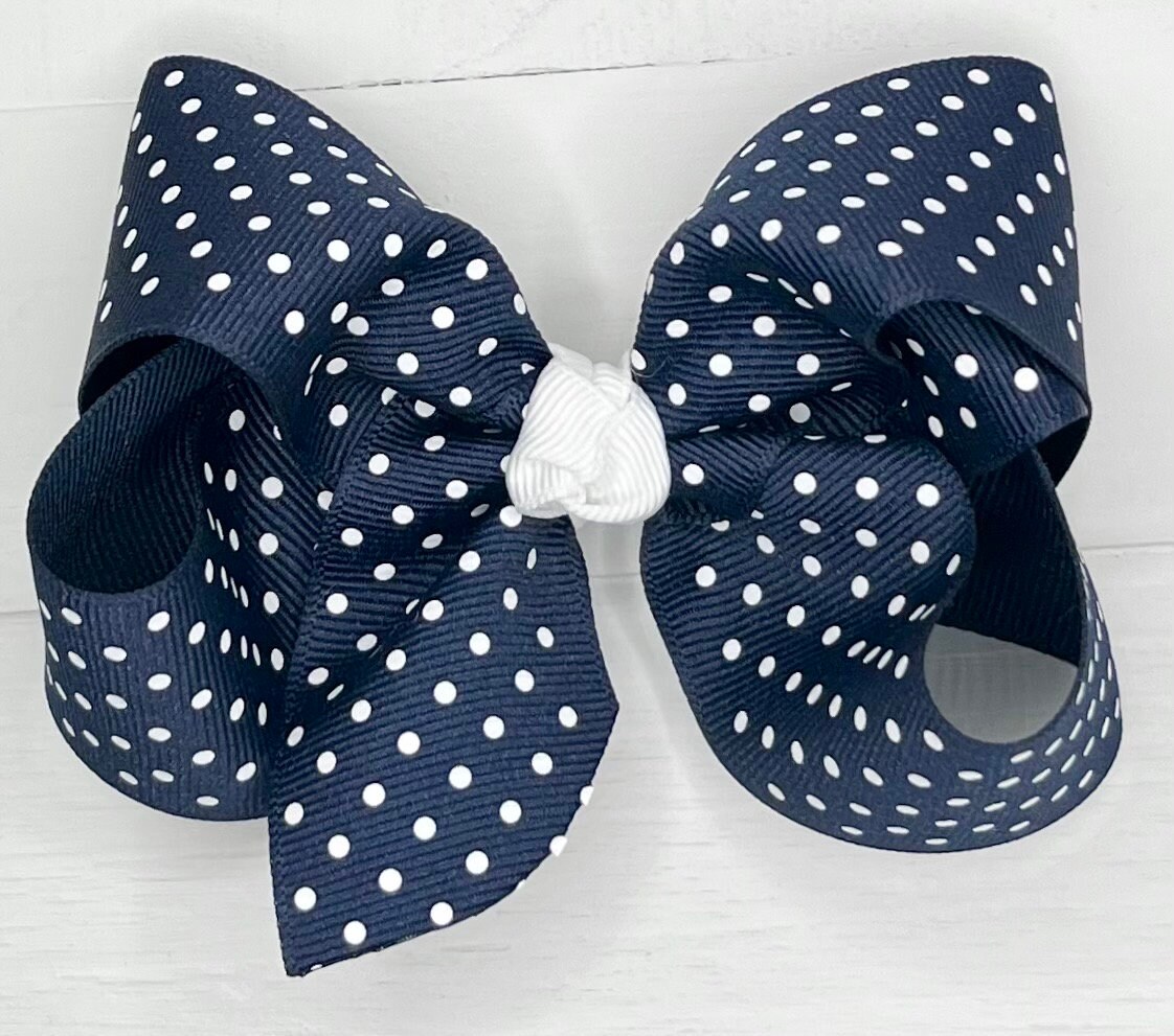 Navy Blue and White Polka Dot Hair Bow, Hair Bows, Back to School Uniform Bow, Girls Bow, Navy Hair Clip, School Headband, Bows for Girls