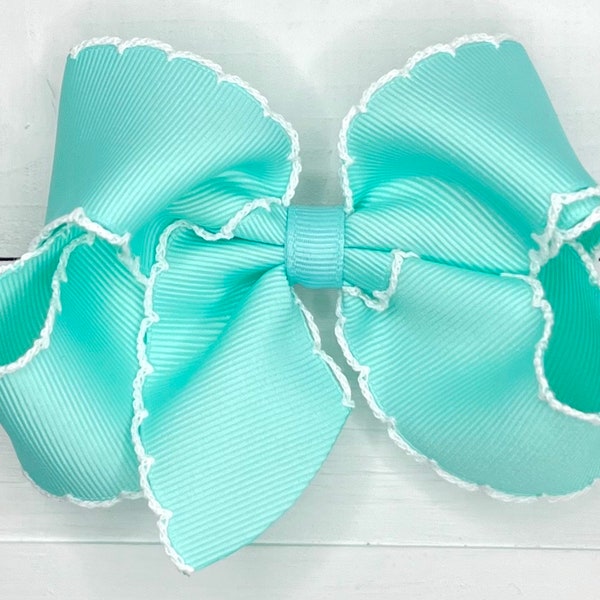 Aqua Blue Moonstitch Hair Bow, Hair Bows, Bows for Girls, Pastel Girls Bow, Spring Baby Bow Headband, Big Toddler Bow, No Slip Hair Clip