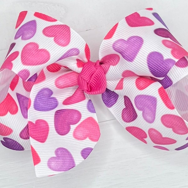 Valentine’s Candy Hearts Bow, Hair Bows, Girls Valentine’s Day Bow, Big Bows for Girls, Pink/Purple Baby Bow, Toddler Bow, No Slip Hair Clip