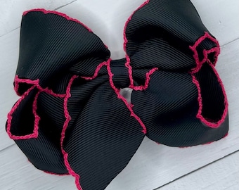 Black & Bright Pink Moonstitch Hair Bow, Hair Bows, Moonstitch Bows for Girls, Girls Bow, Big Toddler Bow, Baby Bow, No Slip Hair Clip